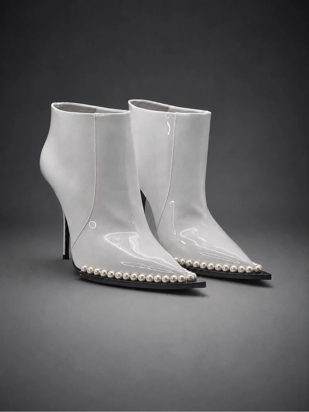 NWT Dolce & Gabbana White Patent Pearl-Trim Stiletto Ankle Boots NIB Authentic - Picture 2 of 16